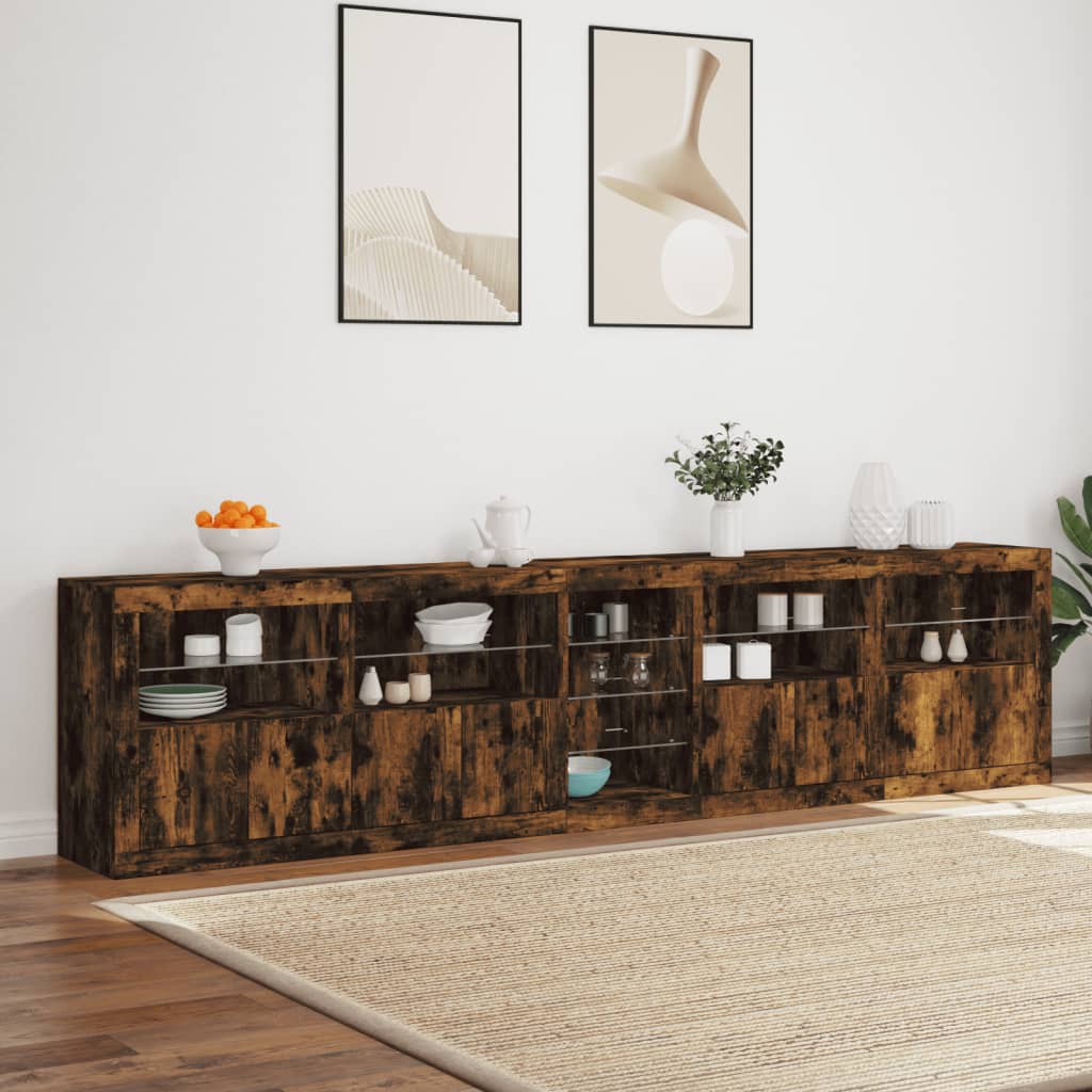 skænk med LED-lys 283x37x67 cm røget egetræsfarve
