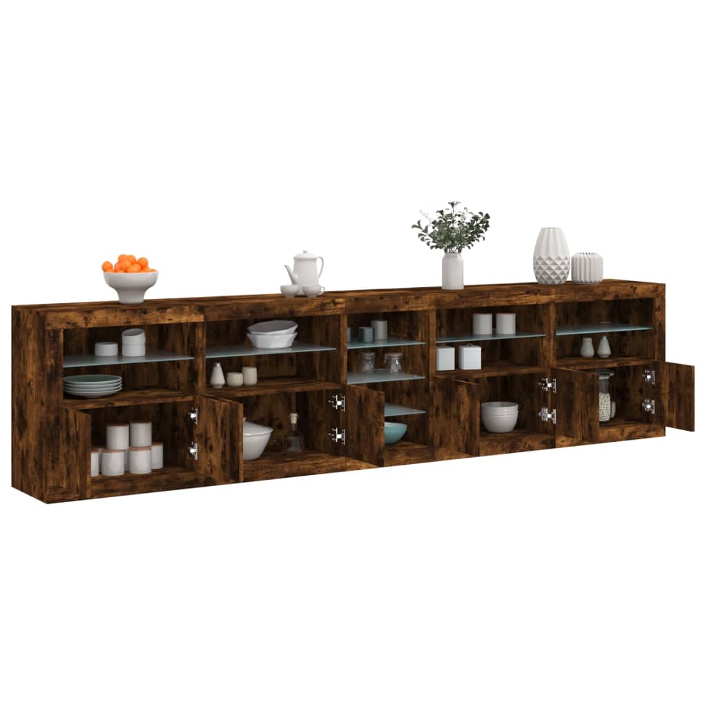skænk med LED-lys 283x37x67 cm røget egetræsfarve