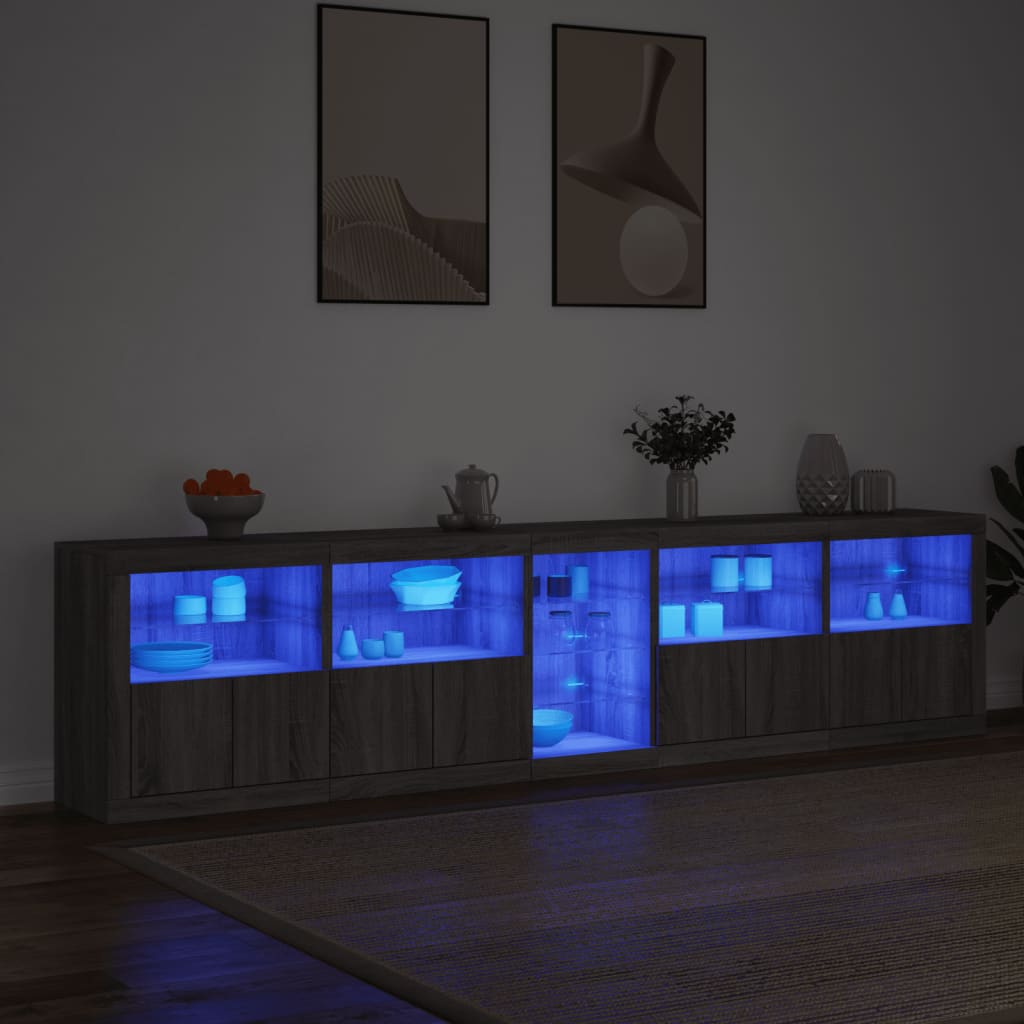 skænk med LED-lys 283x37x67 cm grå sonoma-eg