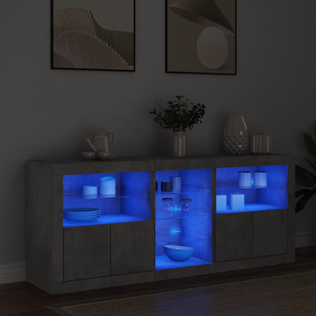 skænk med LED-lys 162x37x67 cm betongrå