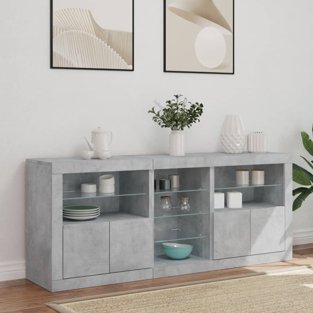 skænk med LED-lys 162x37x67 cm betongrå