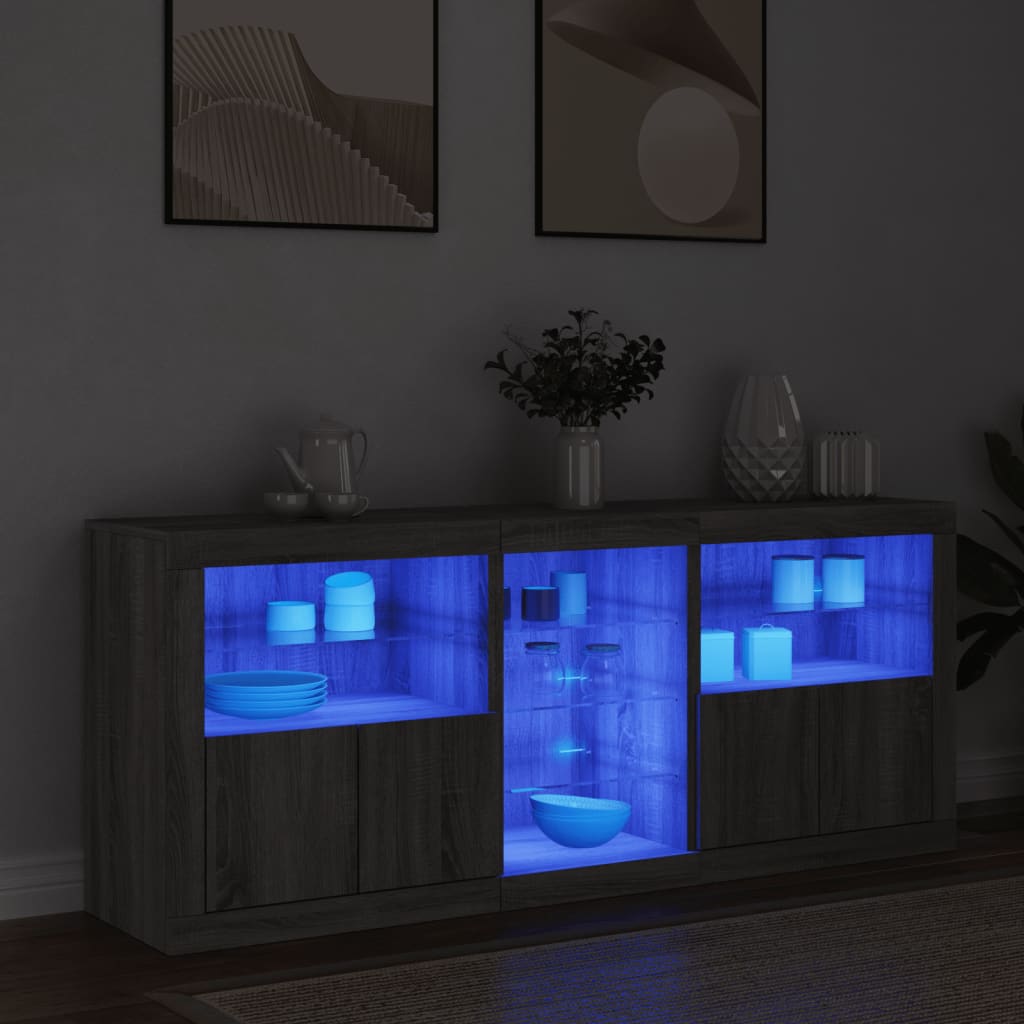 skænk med LED-lys 162x35x75 cm grå sonoma-eg