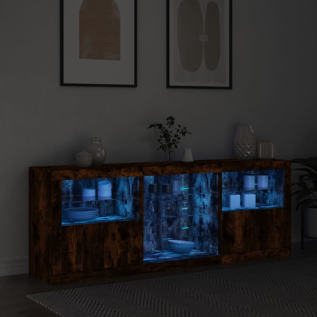 skænk med LED-lys 181,5x37x67cm røget egetræsfarve