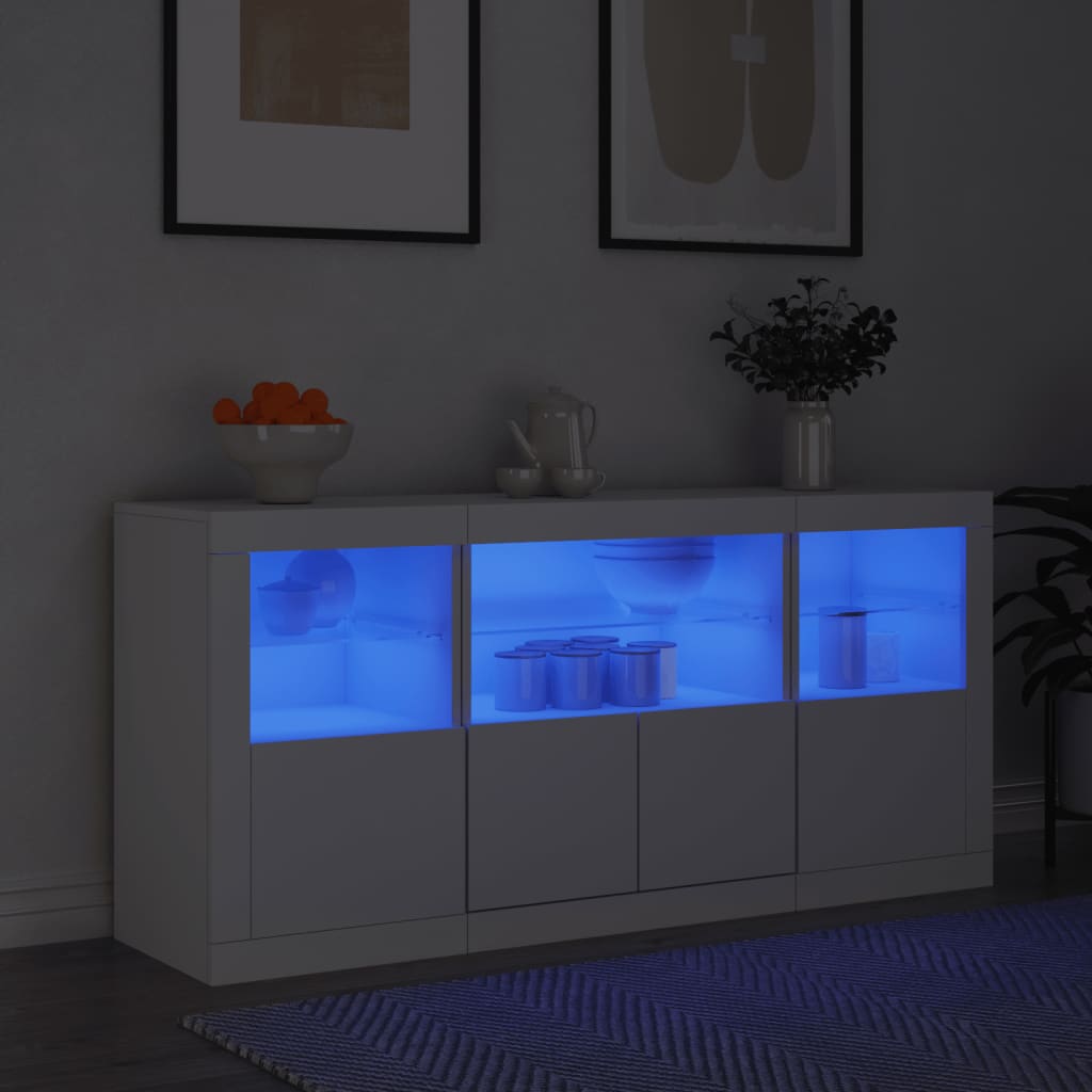 skænk med LED-lys 142,5x37x67 cm hvid