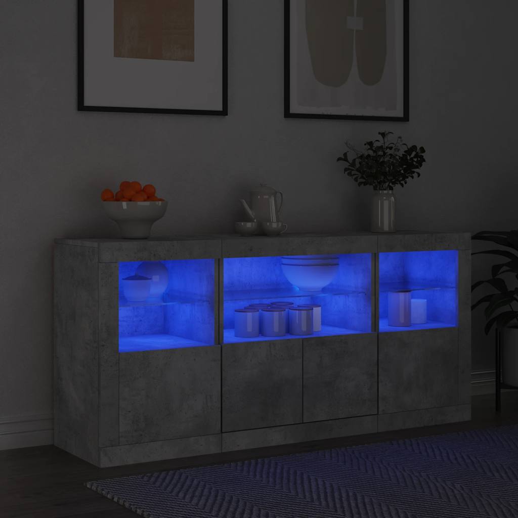 skænk med LED-lys 142,5x37x67 cm betongrå