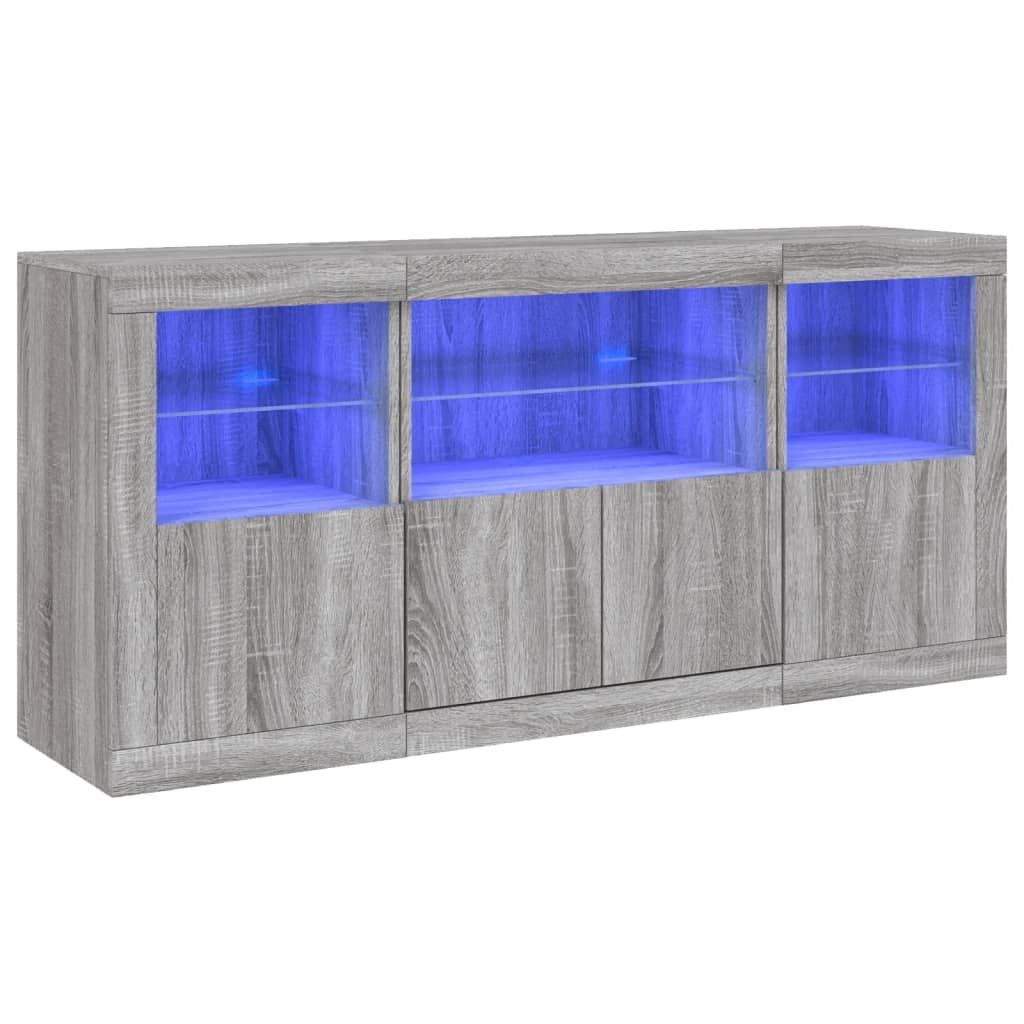 skænk med LED-lys 142,5x37x67 cm grå sonoma-eg