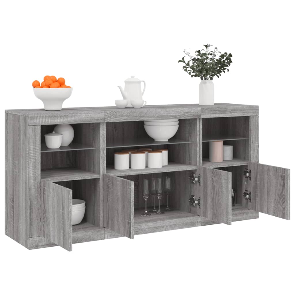skænk med LED-lys 142,5x37x67 cm grå sonoma-eg