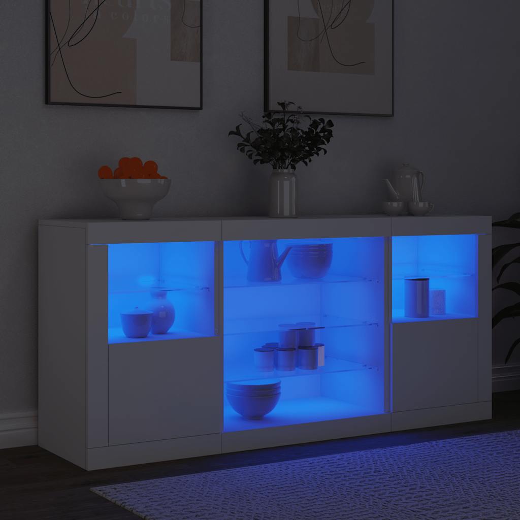 skænk med LED-lys 142,5x37x67 cm hvid