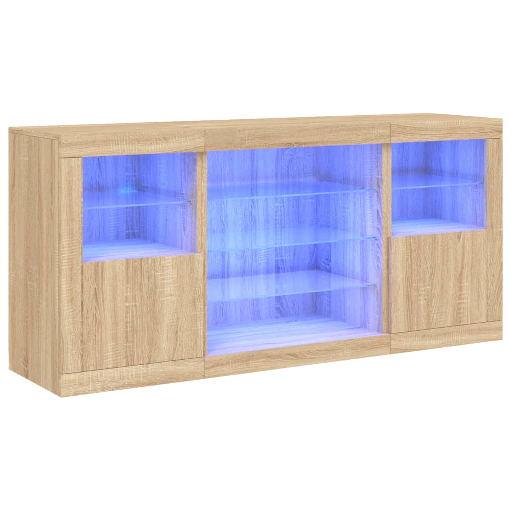skænk med LED-lys 142,5x37x67 cm sonoma-eg