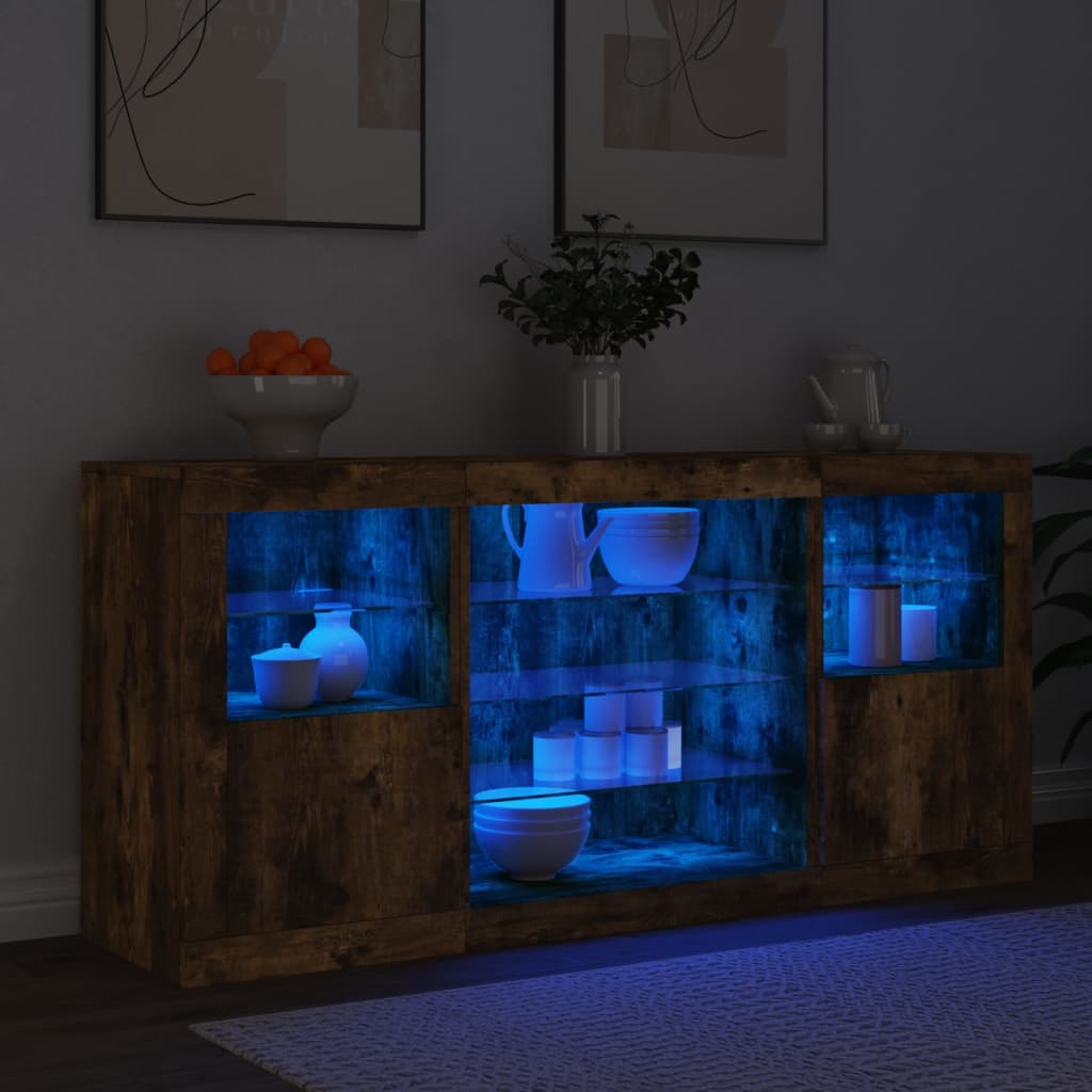 skænk med LED-lys 142,5x37x67cm røget egetræsfarve