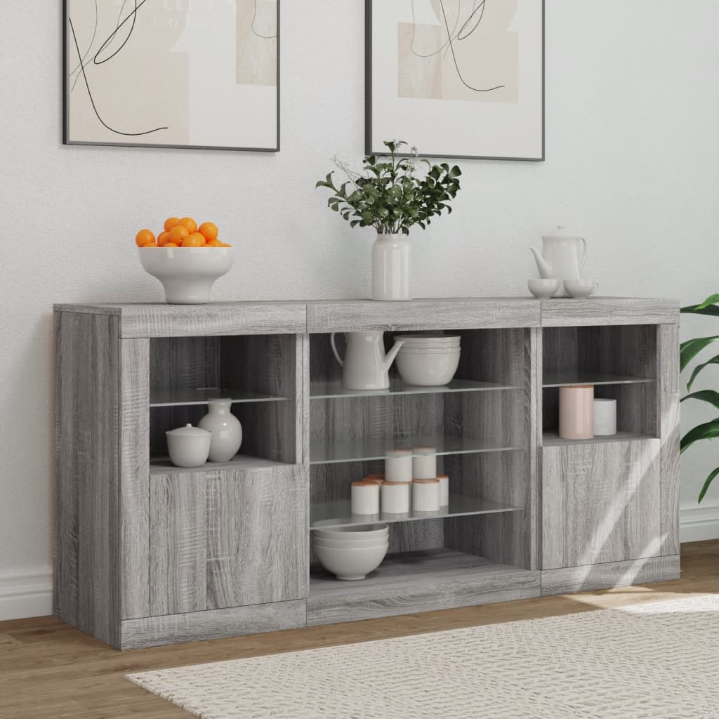 skænk med LED-lys 142,5x37x67 cm grå sonoma-eg