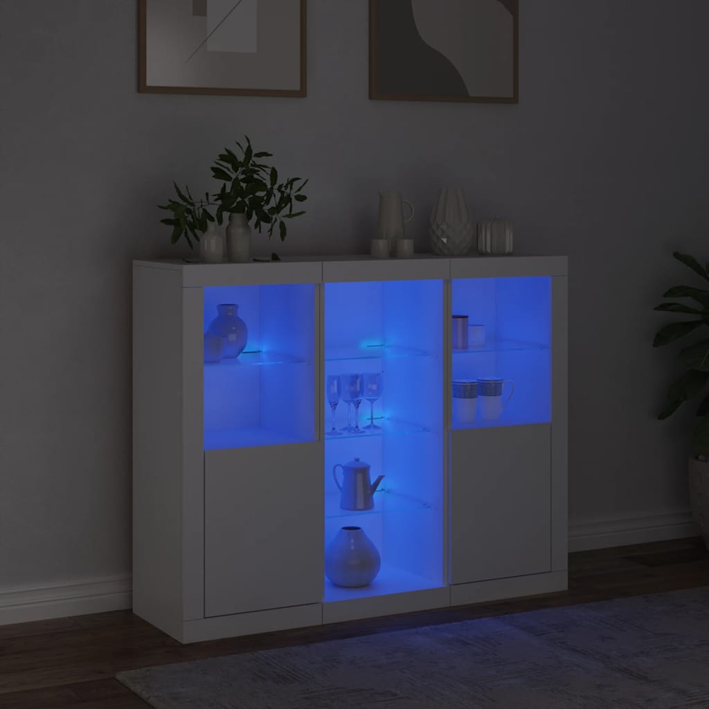 skænke med LED-lys 3 stk. konstrueret træ hvid