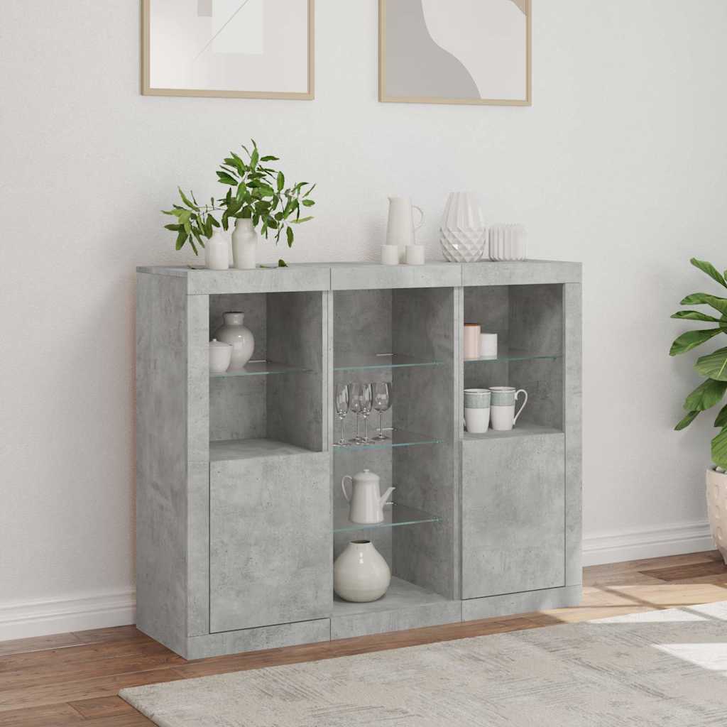 skænke med LED-lys 3 stk. konstrueret træ betongrå