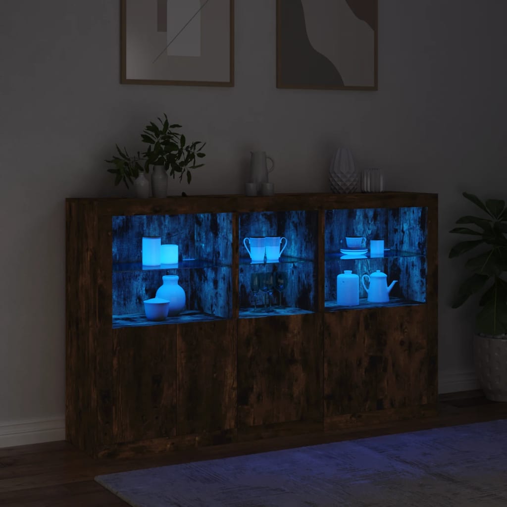 skænk med LED-lys 162x37x100 cm røget egetræsfarve