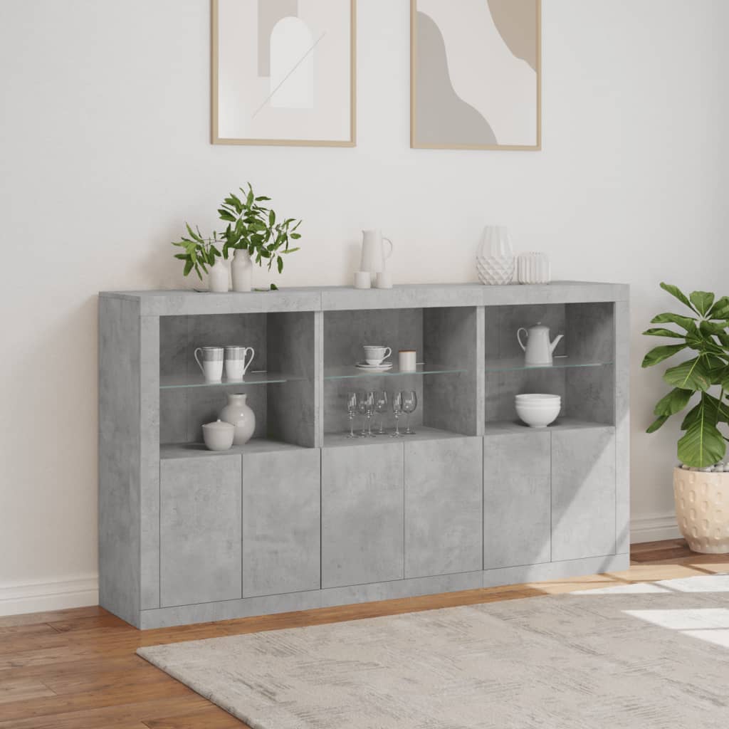 skænk med LED-lys 181,5x37x100 cm betongrå