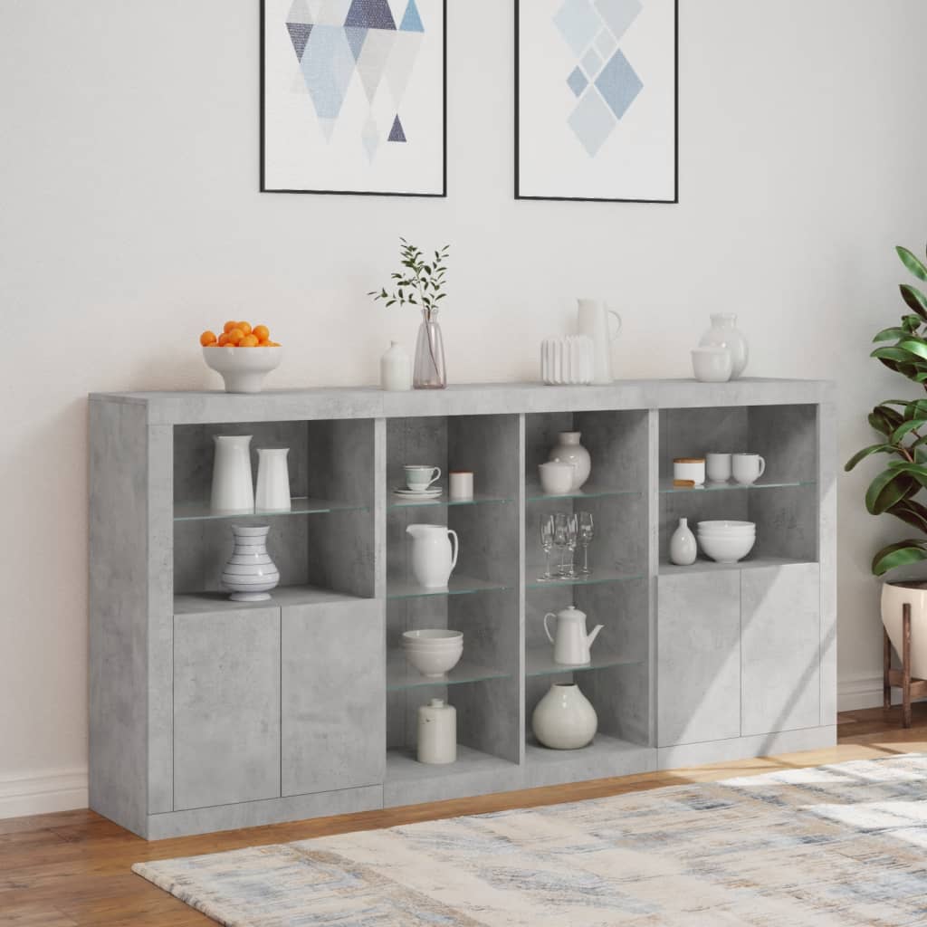 skænk med LED-lys 202x37x100 cm betongrå