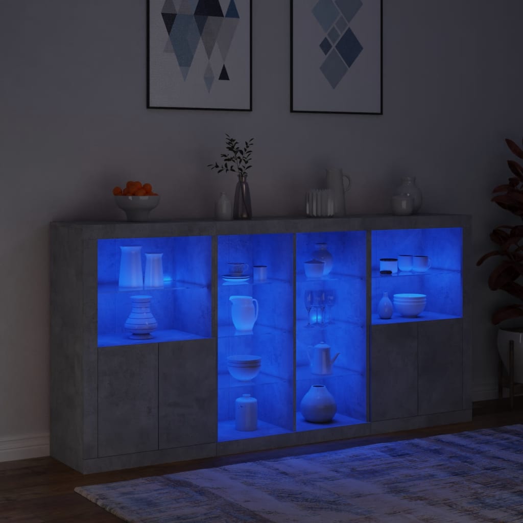 skænk med LED-lys 202x37x100 cm betongrå