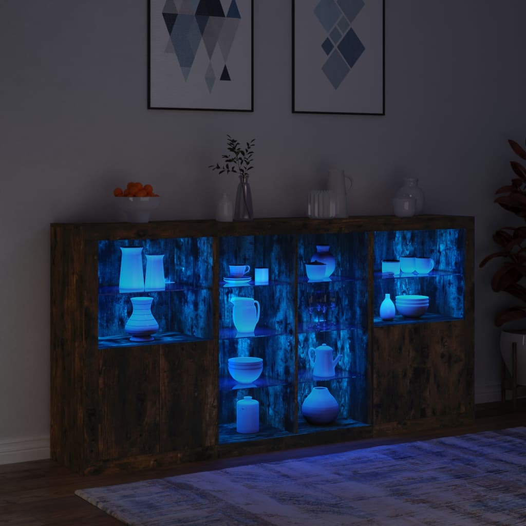 skænk med LED-lys 202x37x100 cm røget egetræsfarve