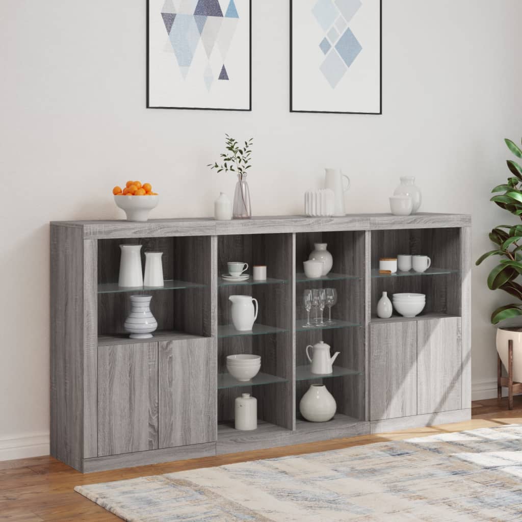 skænk med LED-lys 202x37x100 cm grå sonoma-eg