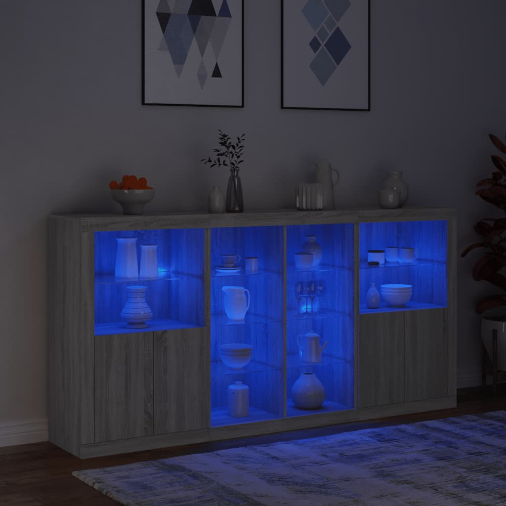 skænk med LED-lys 202x37x100 cm grå sonoma-eg