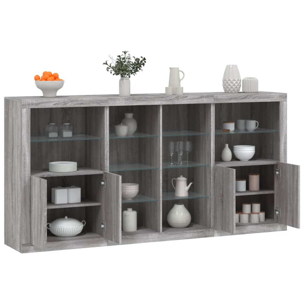 skænk med LED-lys 202x37x100 cm grå sonoma-eg