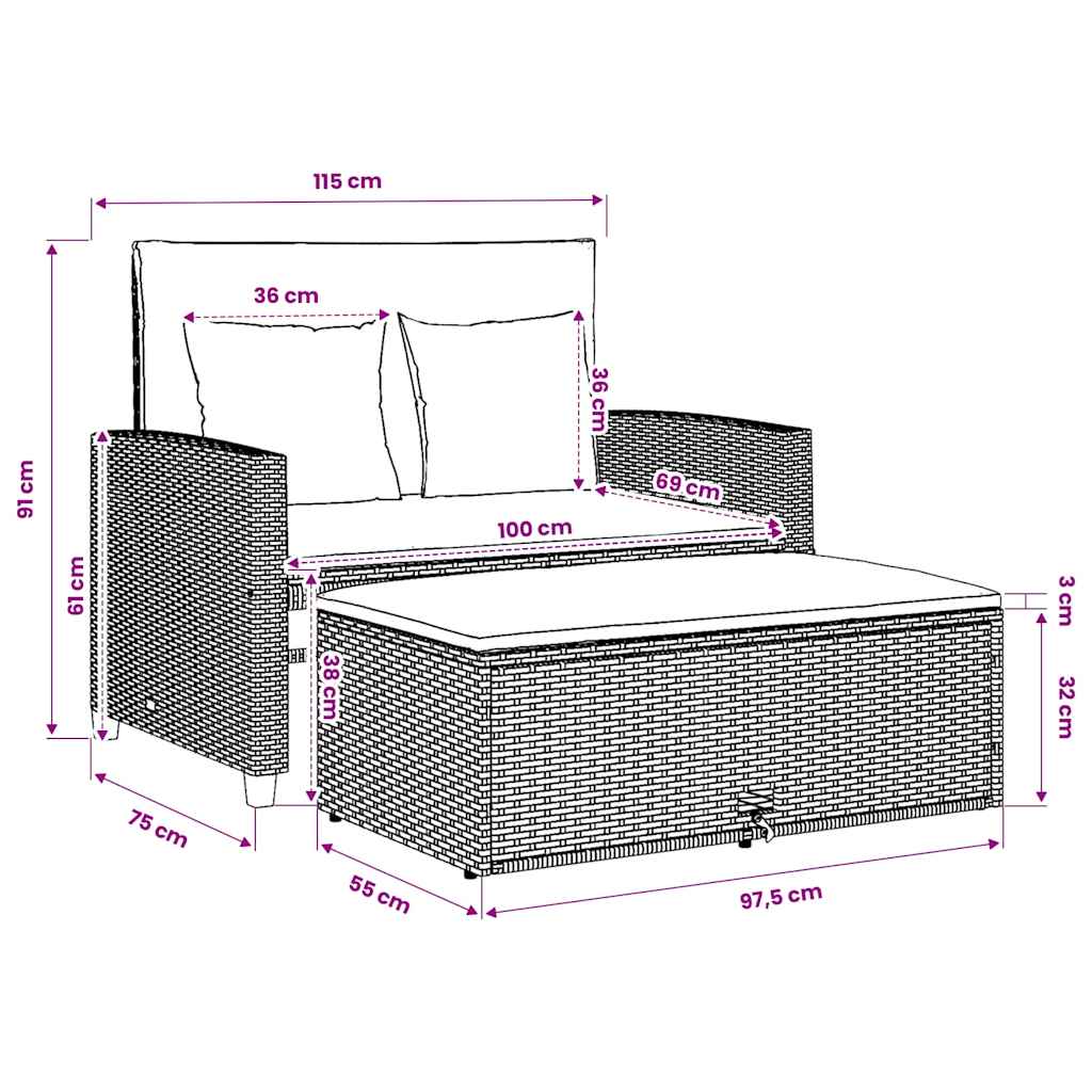 2-personers havesofa med hynder polyrattan beige
