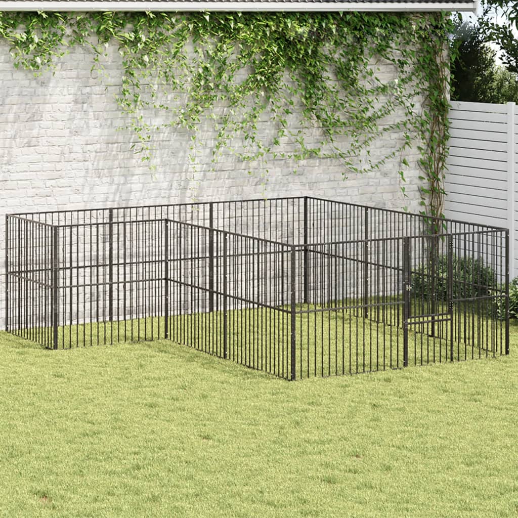 hundegård 12 paneler galvaniseret stål sort