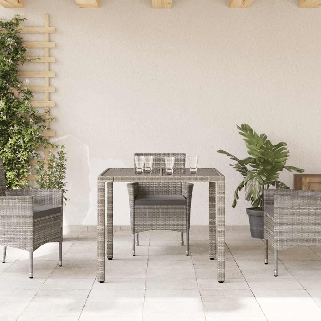 havebord med glastop 90x90x75 cm polyrattan grå
