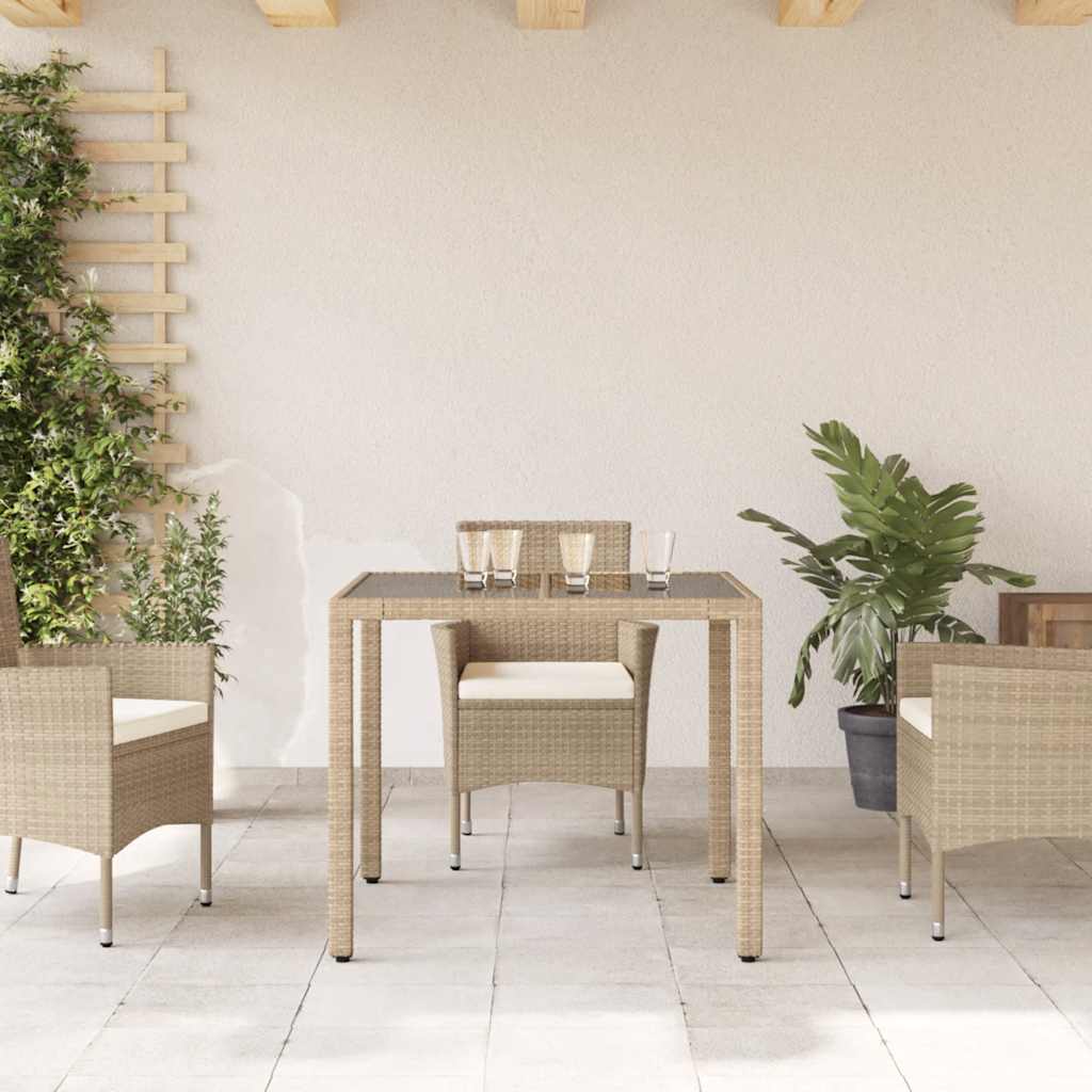 havebord med glastop 90x90x75 cm polyrattan beige