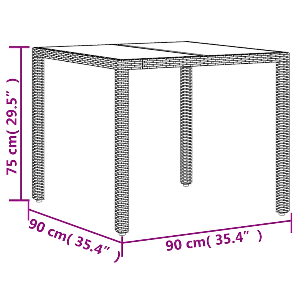 havebord med glastop 90x90x75 cm polyrattan beige