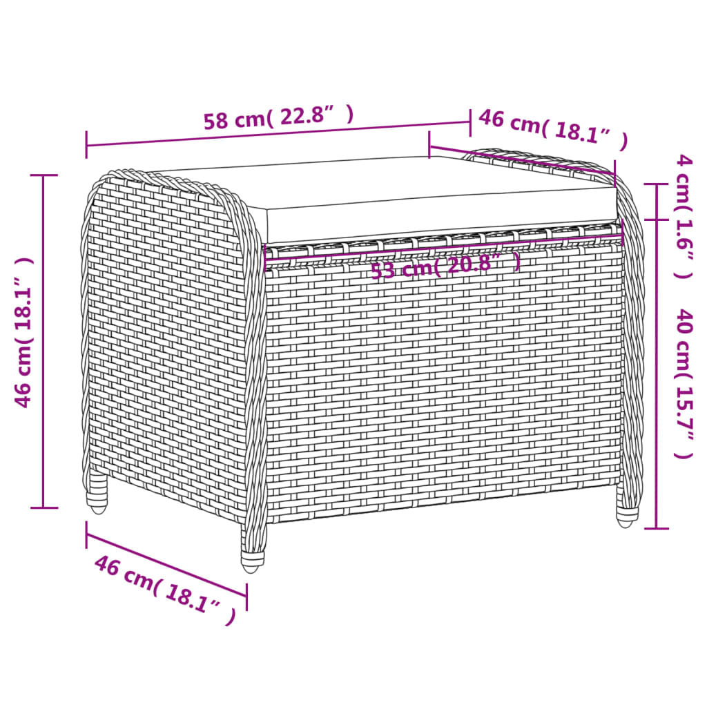 haveskammel med hynde 58x46x46 cm polyrattan sort