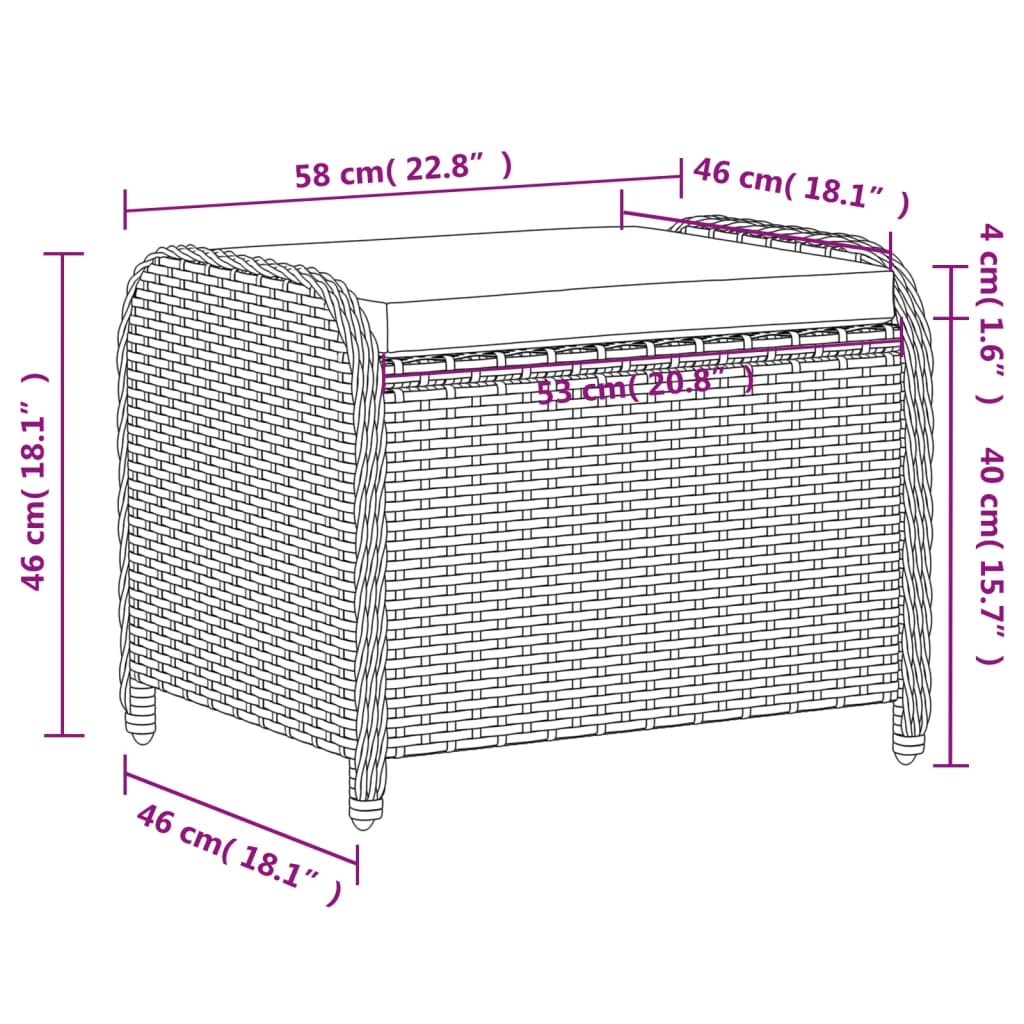 haveskammel med hynde 58x46x46 cm polyrattan grå