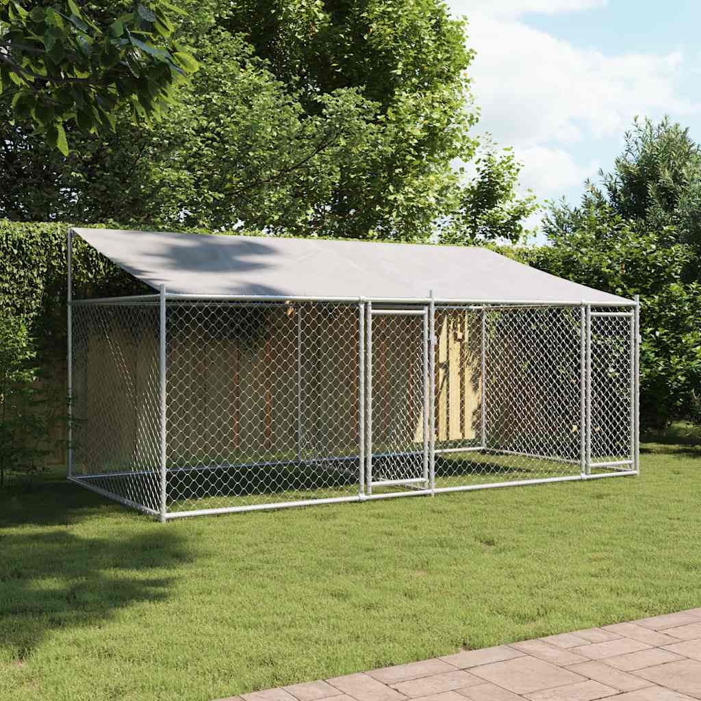 hundegård med tag og låger 4x2x2 m galvaniseret stål grå