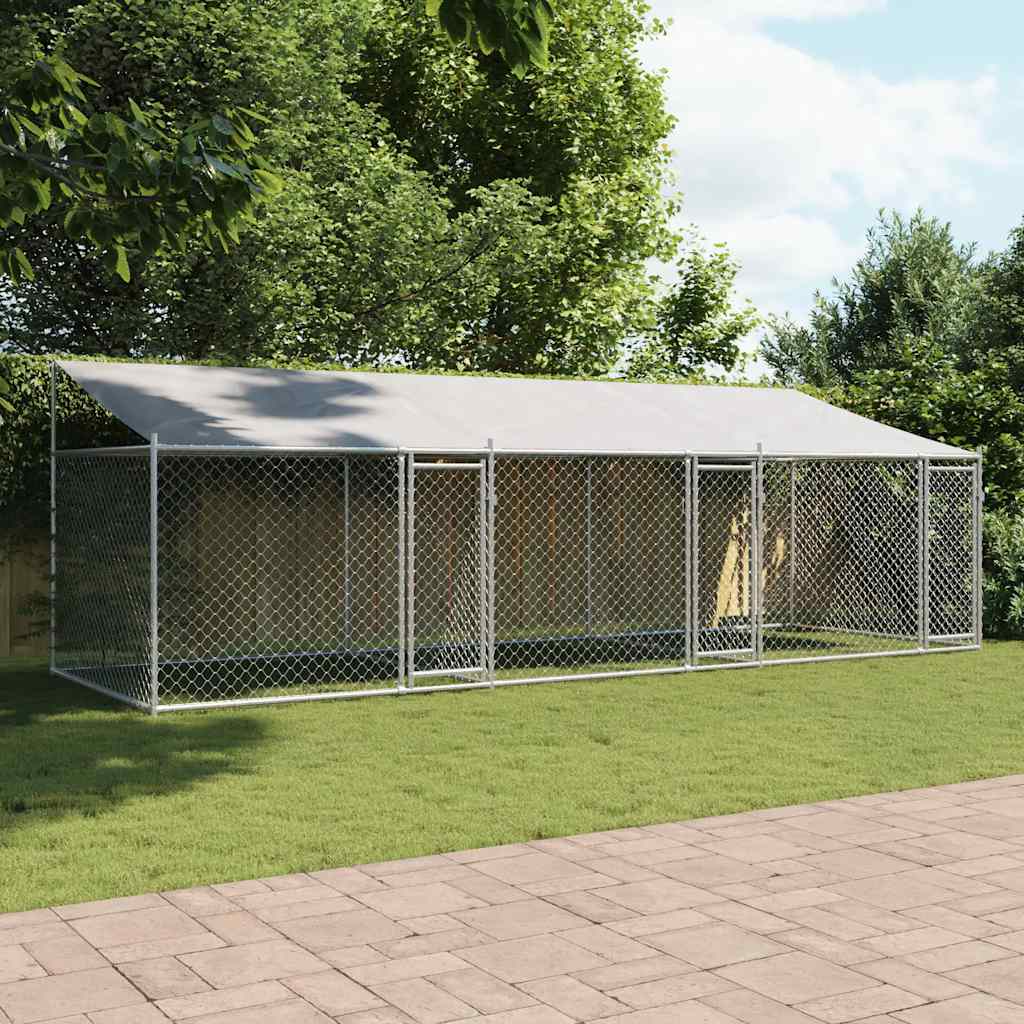 hundegård med tag og låger 6x2x2 m galvaniseret stål grå