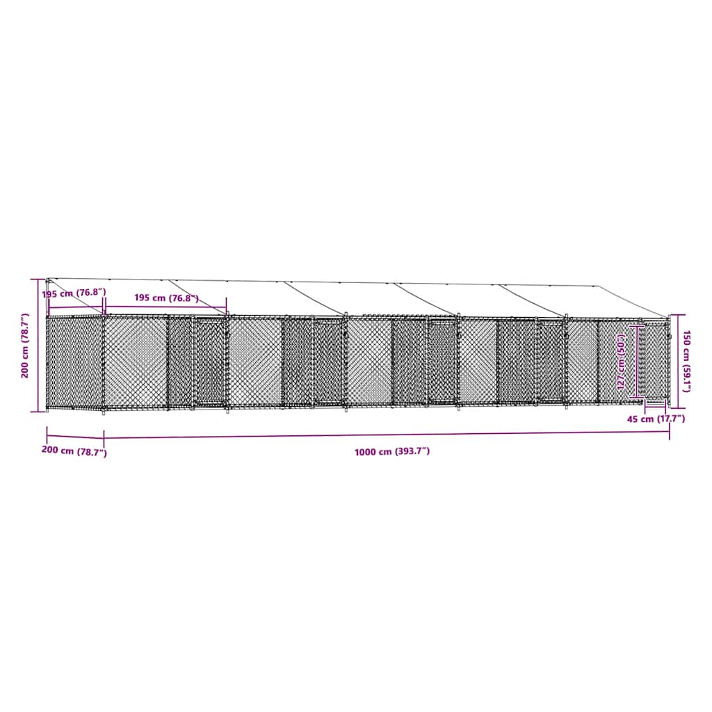 hundegård med tag og låger 10x2x2 m galvaniseret stål grå