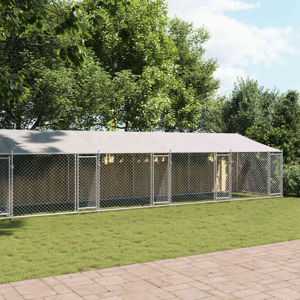 hundegård med tag og låger 12x2x2 m galvaniseret stål grå