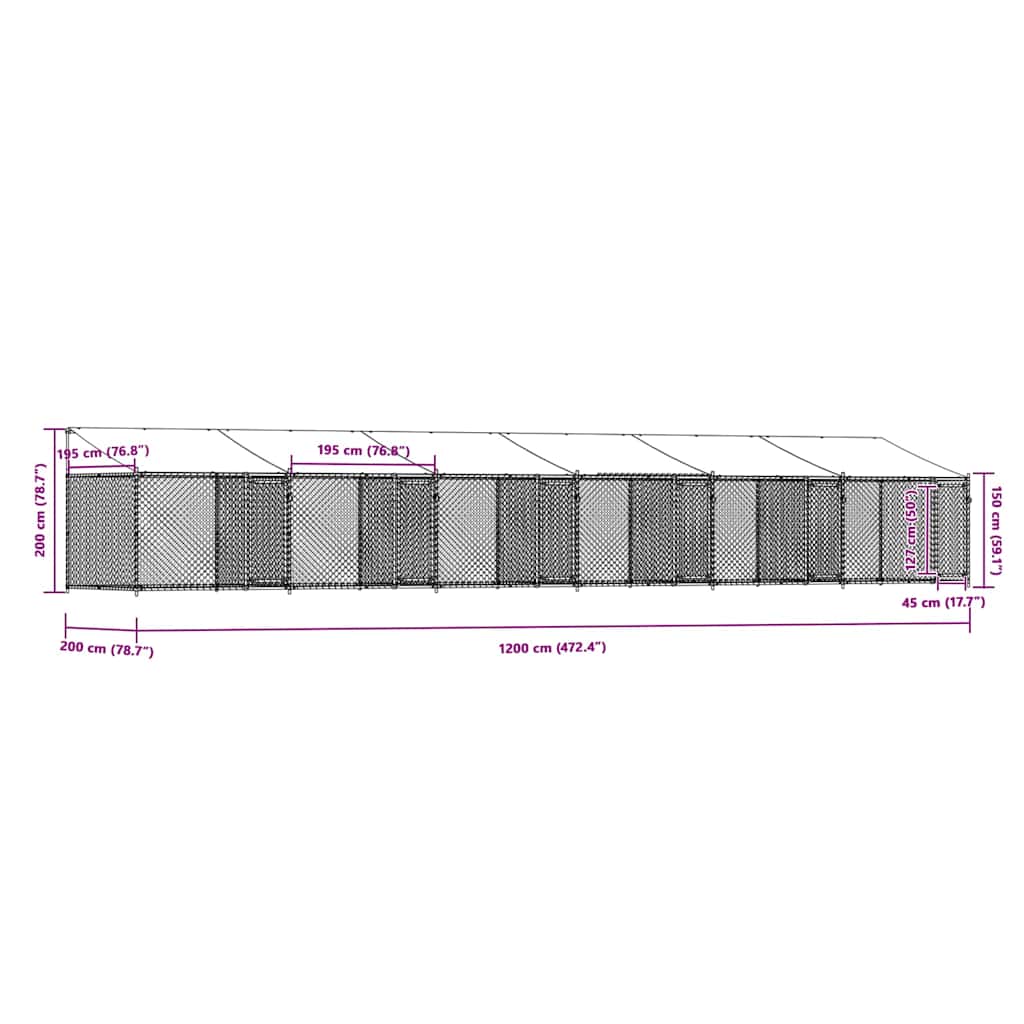 hundegård med tag og låger 12x2x2 m galvaniseret stål grå