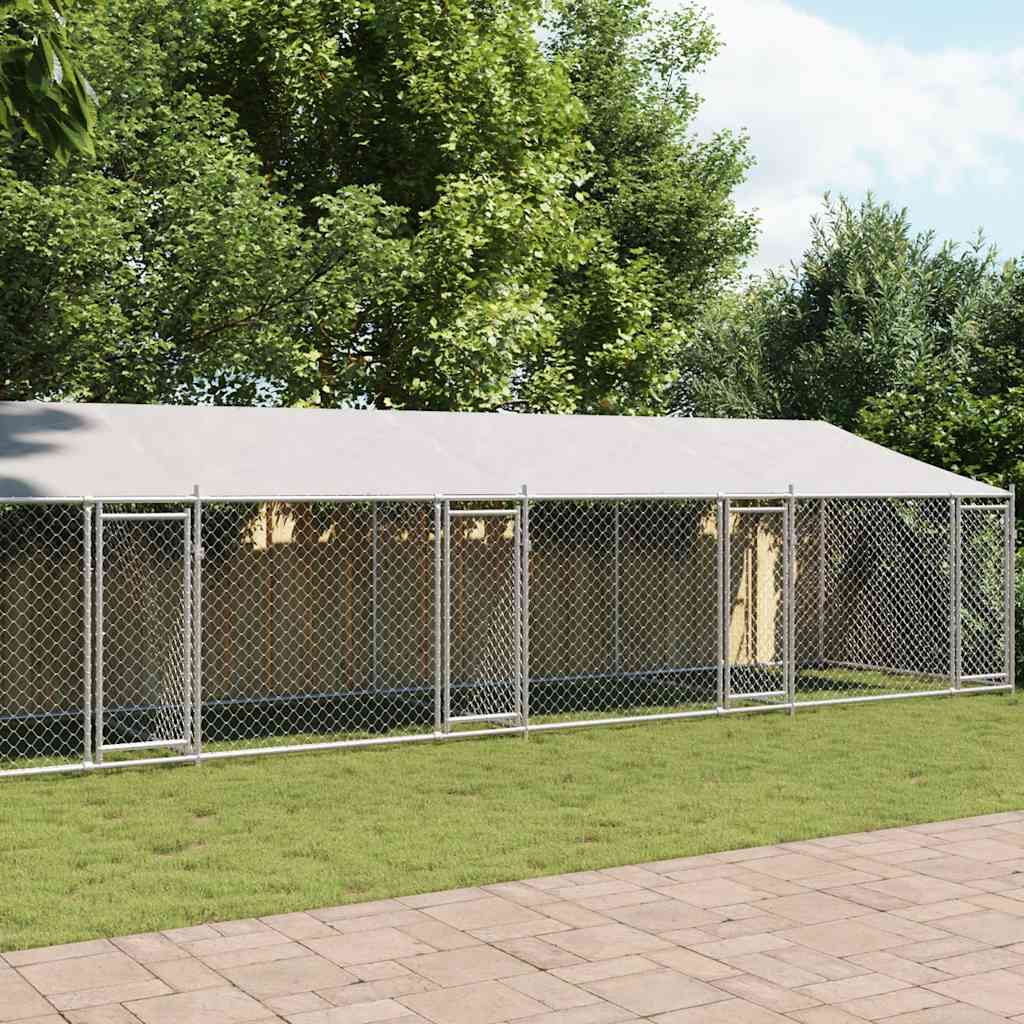 hundegård med tag og låger 12x2x2 m galvaniseret stål grå