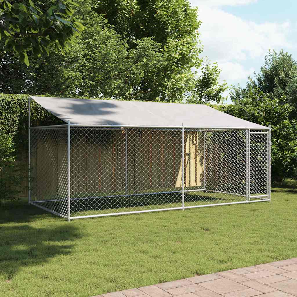 hundegård med tag og låge 4x2x2 m galvaniseret stål grå