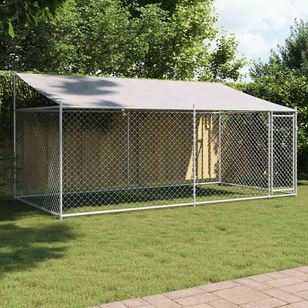 hundegård med tag og låge 4x2x2 m galvaniseret stål grå