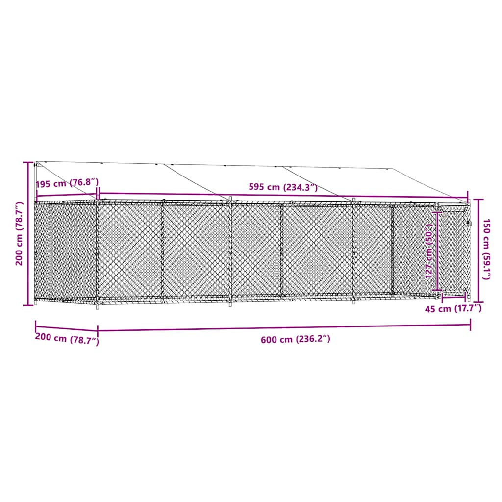 hundegård med tag og låge 6x2x2 m galvaniseret stål grå