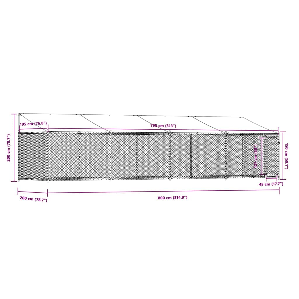 hundegård med tag og låge 8x2x2 m galvaniseret stål grå