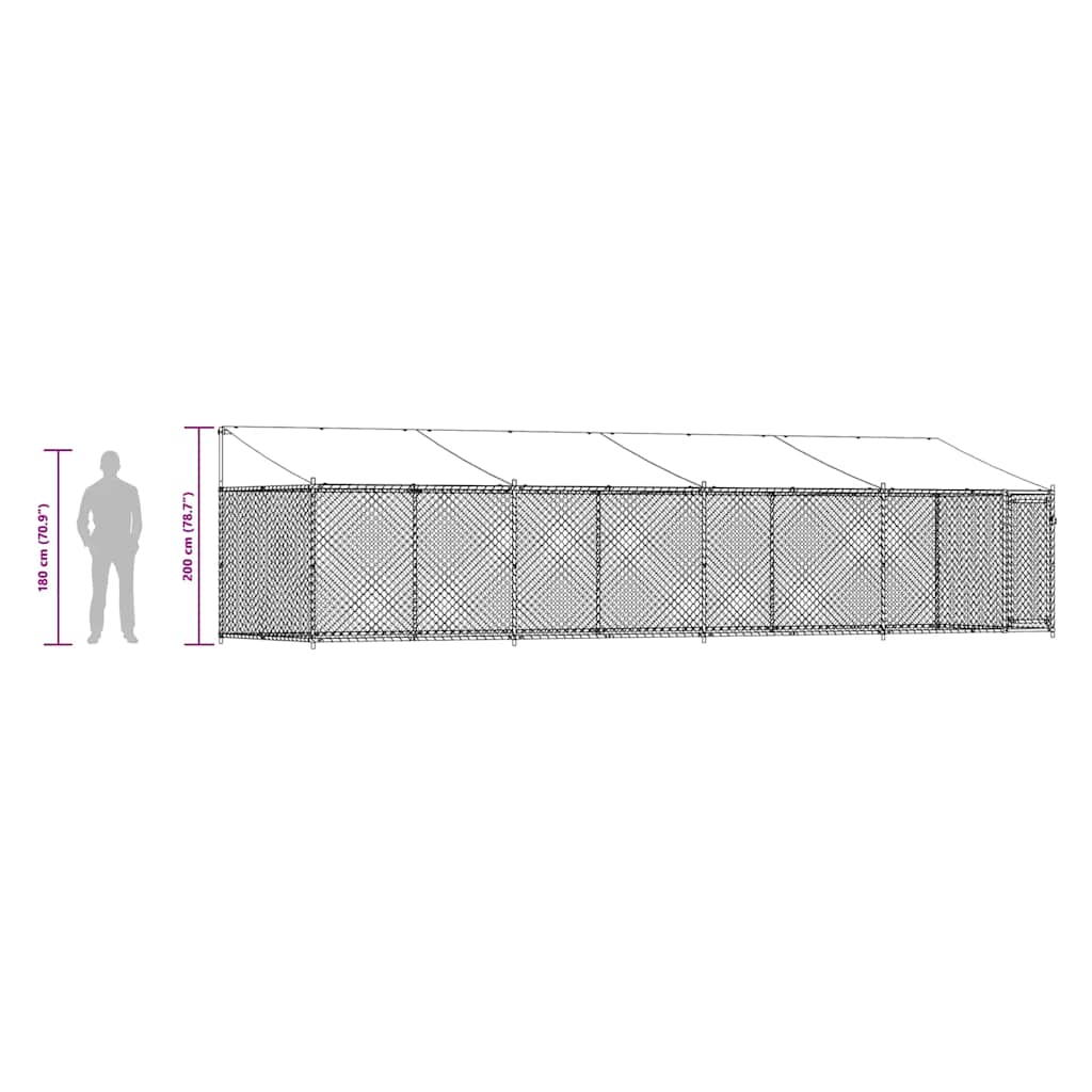 hundegård med tag og låge 8x2x2 m galvaniseret stål grå