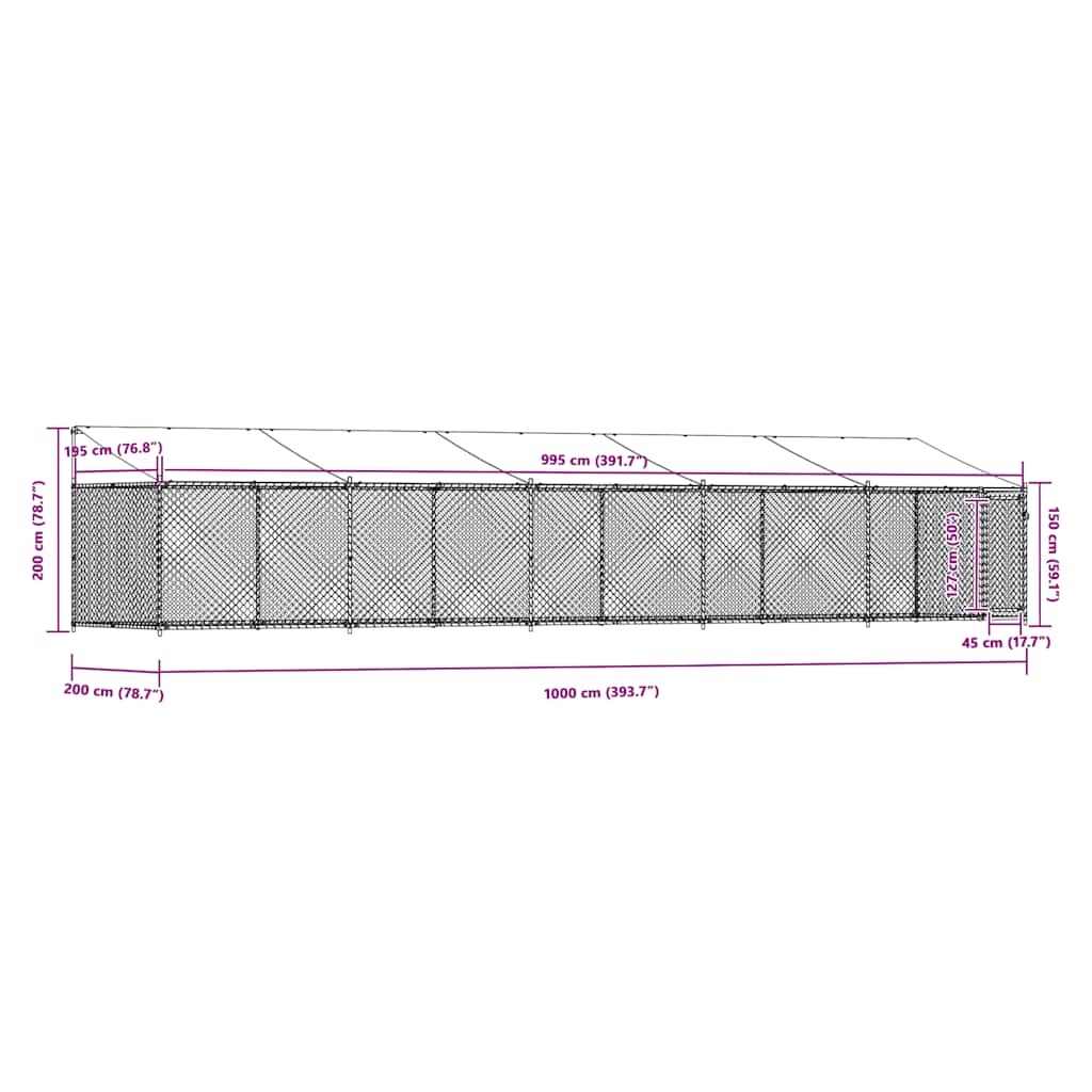 hundegård med tag og låge 10x2x2 m galvaniseret stål grå