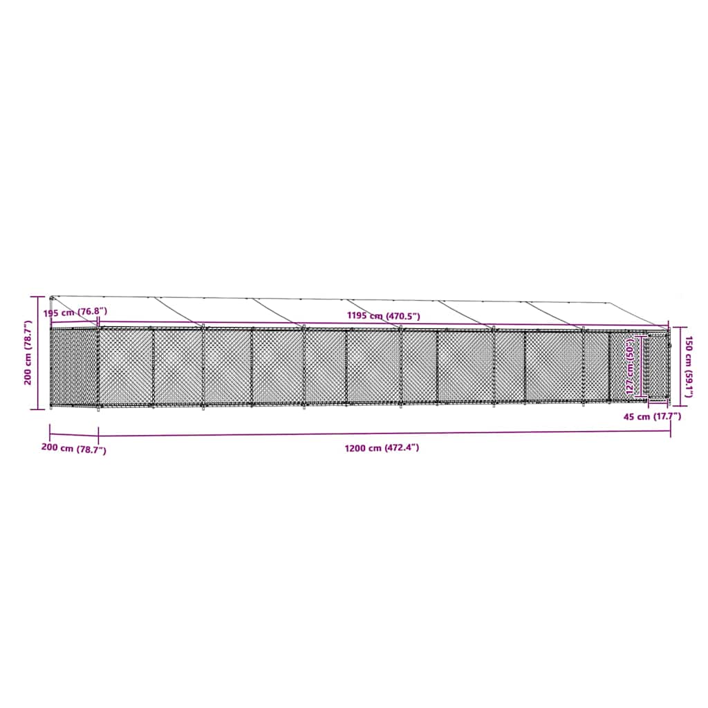 hundegård med tag og låge 12x2x2 m galvaniseret stål grå