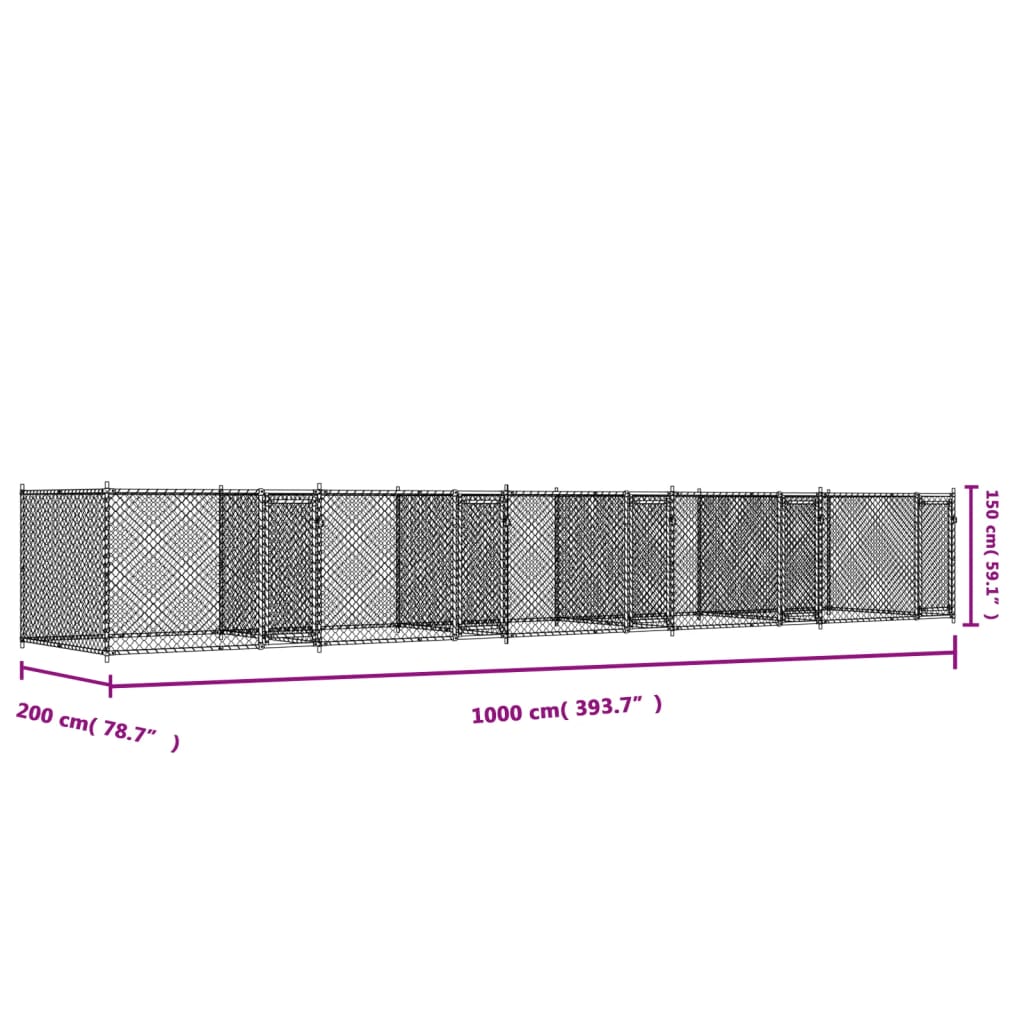 hundegård med låger 10x2x1,5 m galvaniseret stål grå