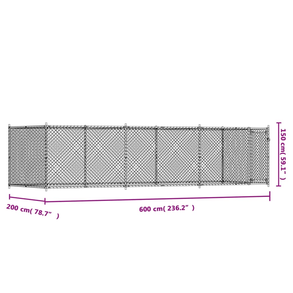 hundegård med låge 6x2x1,5 m galvaniseret stål grå