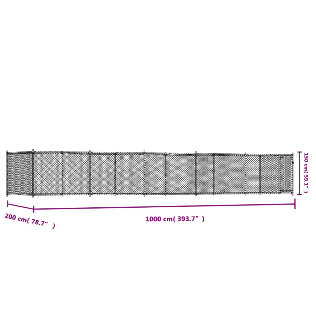 hundegård med låge 10x2x1,5 m galvaniseret stål grå