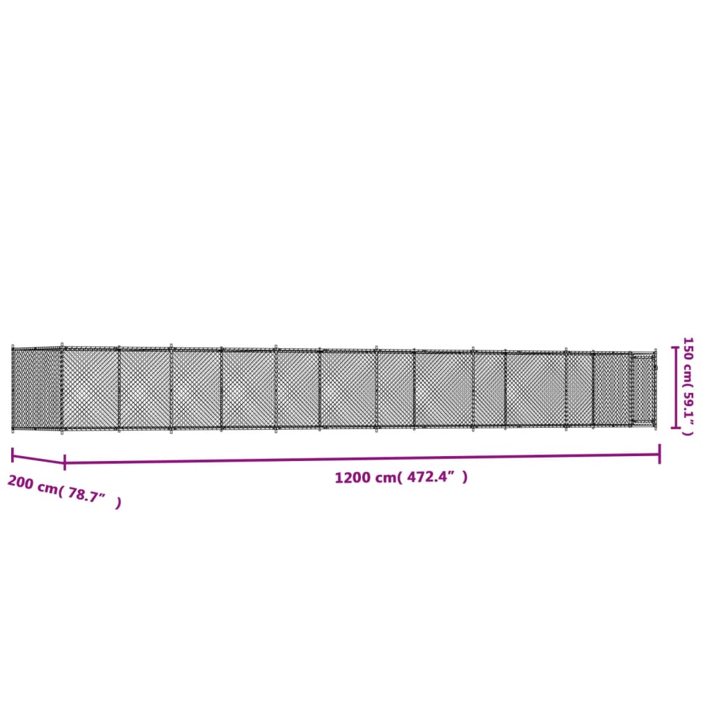 hundegård med låge 12x2x1,5 m galvaniseret stål grå