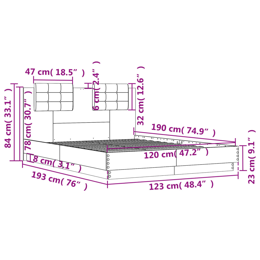 sengeramme med sengegavl 120x190 cm konstrueret træ betongrå